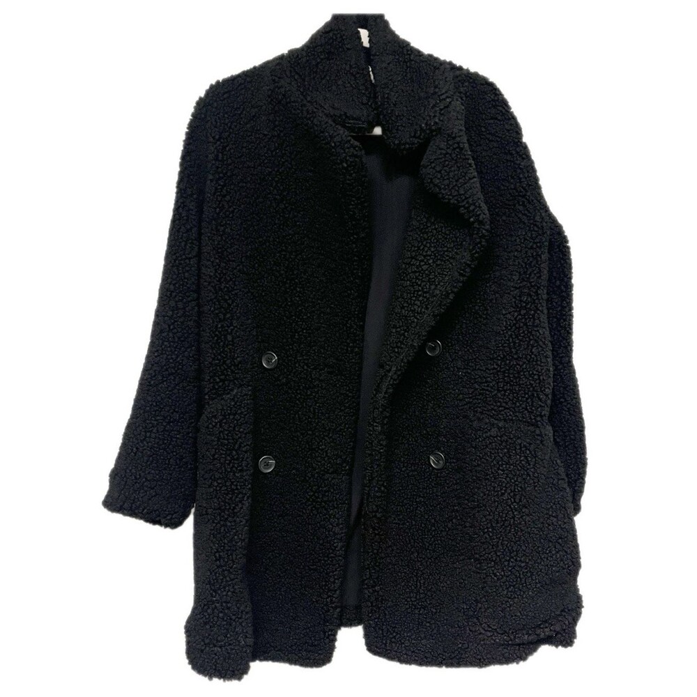 Nine West Womens Black Teddy Bear Coat SIze M Double Breasted Sherpa Topcoat